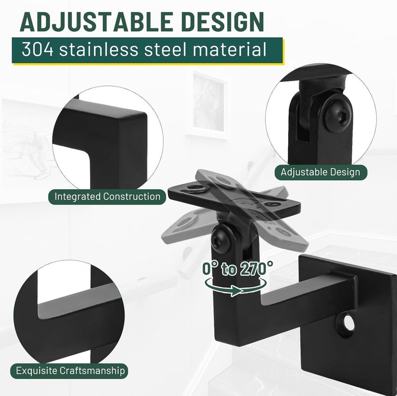 3TO Handrail Bracket- 1 Pack SS304 Adjustable Handrail Brackets L-Shape Heavy Duty Modern Design Wall Square Brackets for Stair Handrail (Matte Black) - Image 3